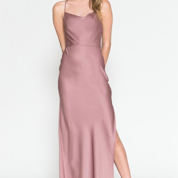 MAUVE SIMPLE SATIN PARTY BRIDSMAIDS EVENING MIDI SHEATH GOWN DRESS AC6115 - Picture 6 of 6